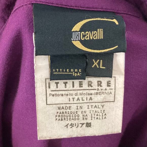 JUST CAVALLI Shirt XL ITALY Graphic Logo Pleat Purple Long Sleeve Button Cotton - Picture 4 of 10